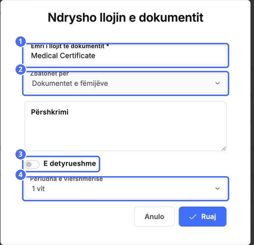 (1) Emri, (2) Vlen për, (3) I detyrueshëm, (4) Periudha e vlefshmërisë