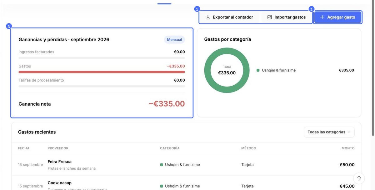 (1) Exportar al contador / Importar gastos, (2) Agregar gasto, (3) Ganancias y pérdidas