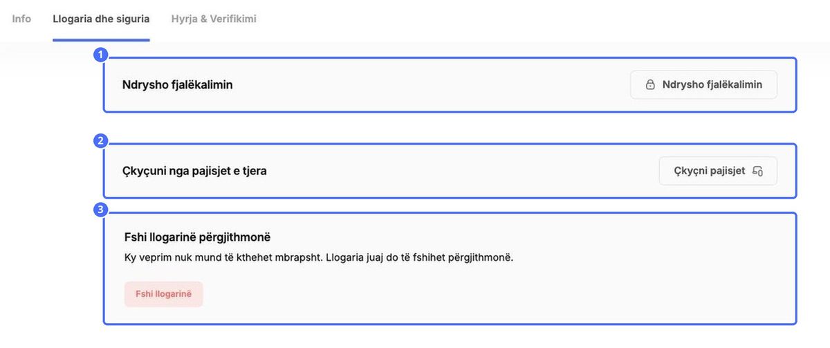 (1) Ndrysho fjalëkalimin, (2) Dil nga pajisjet e tjera, (3) Fshi llogarinë përgjithmonë