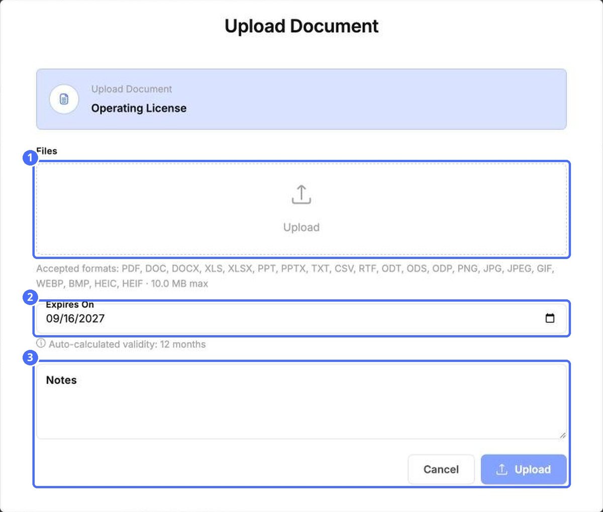 (1) Choose the file, (2) Expires On, (3) notes and Upload