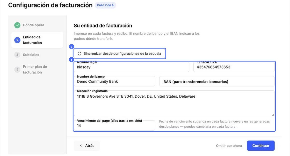 (1) Datos de la entidad de facturación, (2) Sincronizar desde configuraciones de la escuela