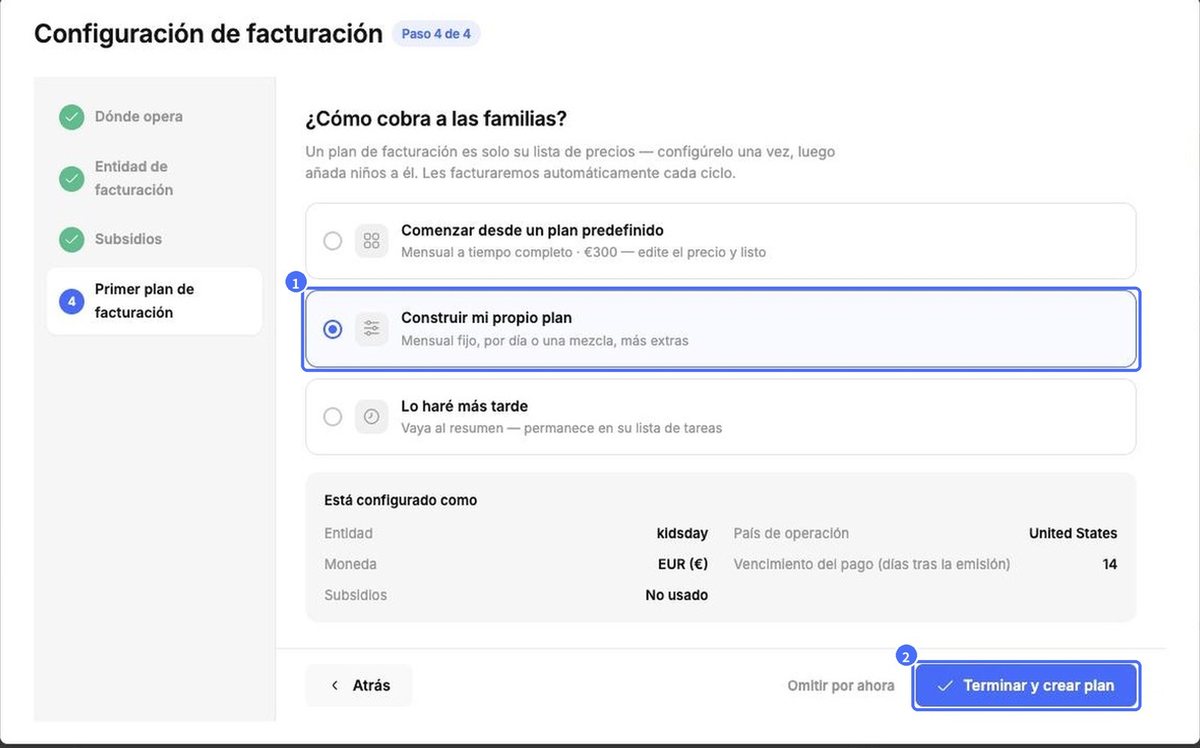 (1) Construir mi propio plan, (2) Terminar y crear plan