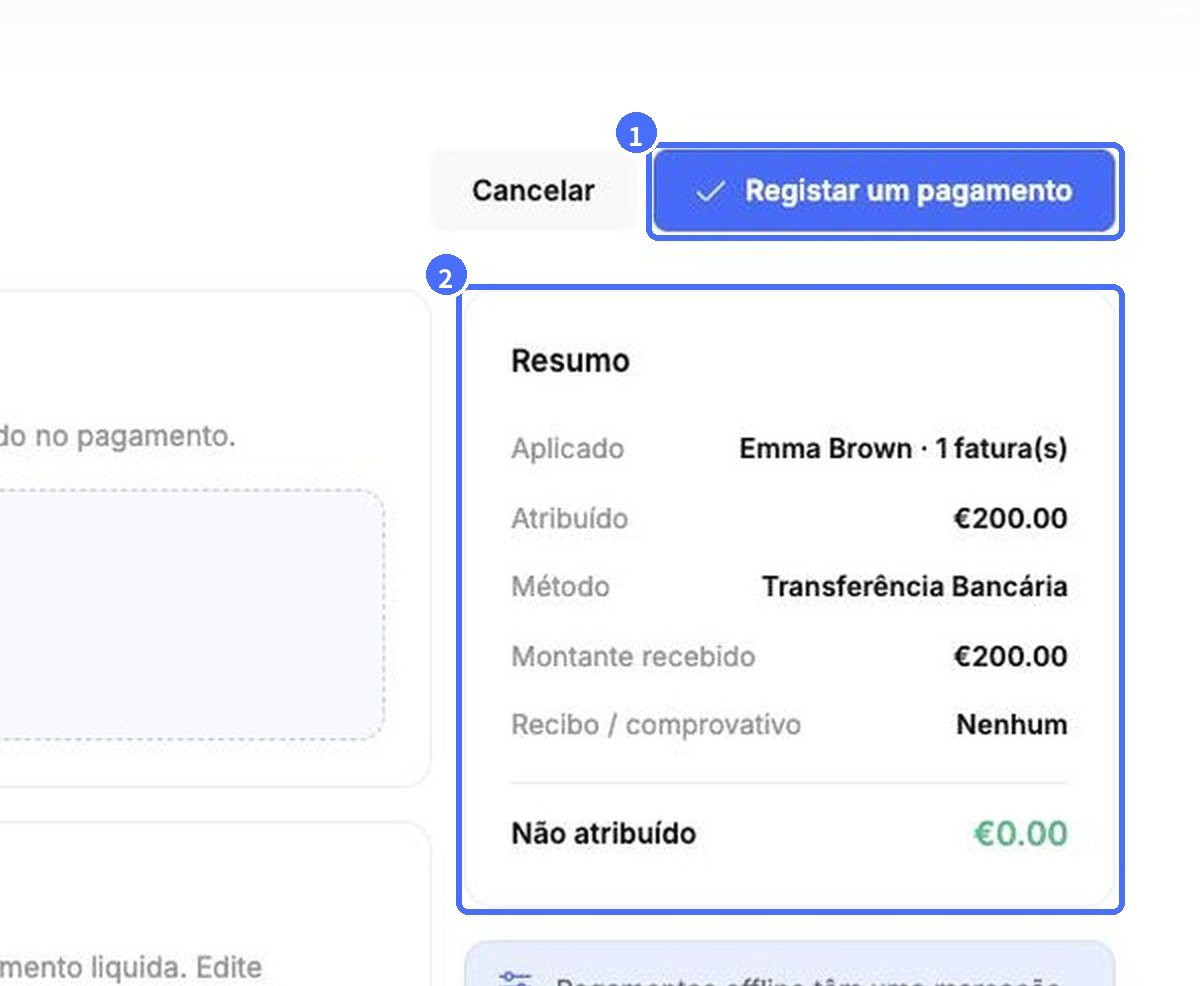 (1) Registar um pagamento, (2) resumo