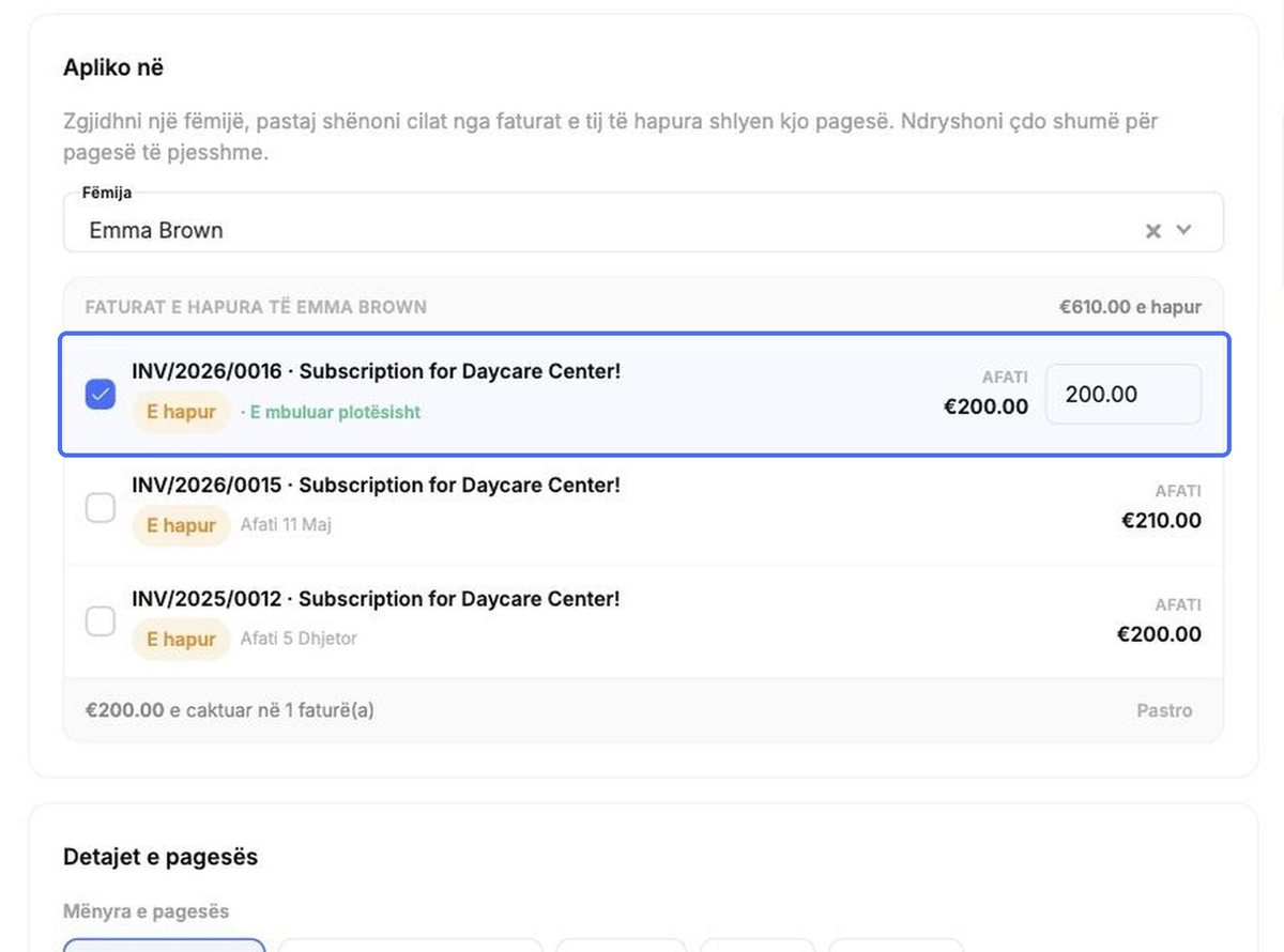 Aplikimi i pagesës në një faturë të hapur