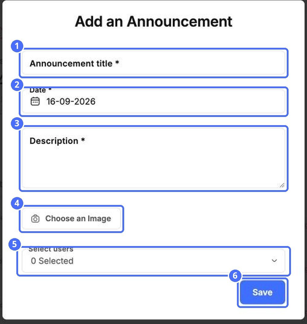 (1) Title, (2) date, (3) description, (4) image, (5) recipients, (6) Save