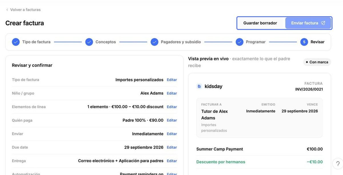 Guardar borrador / Enviar factura