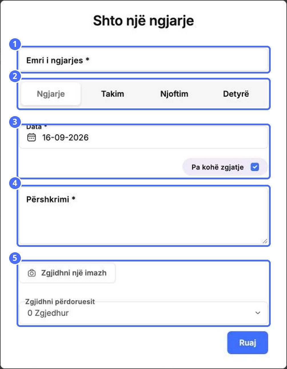 (1) Emri, (2) lloji, (3) data dhe ora, (4) përshkrimi, (5) imazhi dhe personat
