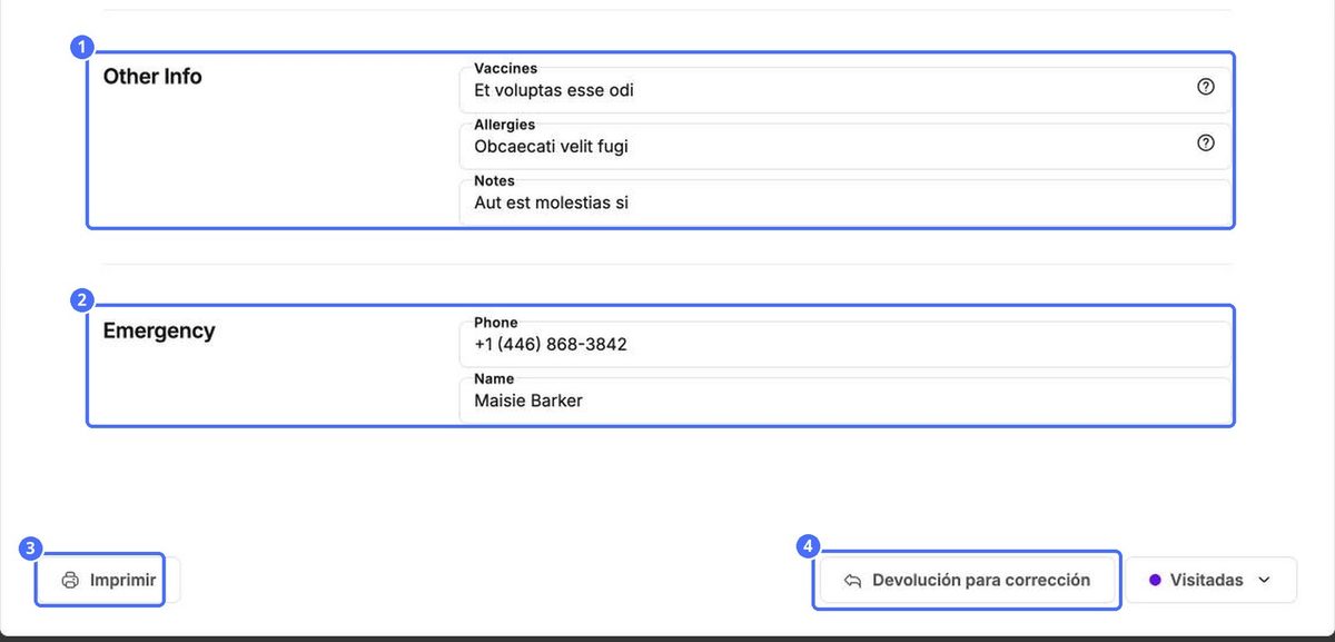 (1) Otra información, (2) el contacto de emergencia, (3) Imprimir, (4) Devolver para corrección