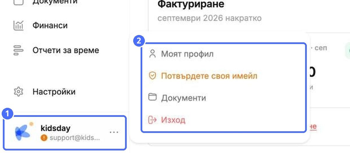(1) Вашият акаунт, (2) меню на акаунта