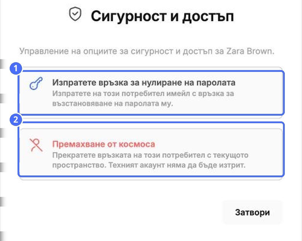 (1) Изпрати връзка за нова парола, (2) Премахни от пространството