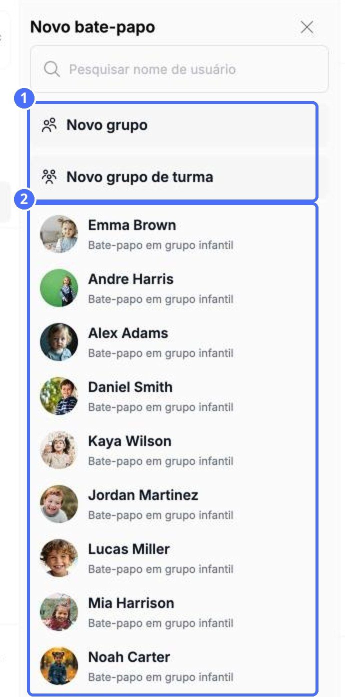 (1) Novo grupo e Novo grupo de turma, (2) crianças e membros da equipe para quem você pode escrever