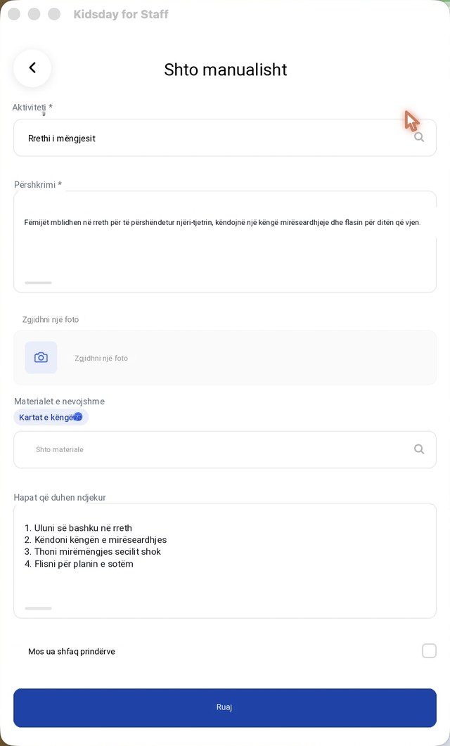 Një aktivitet me përshkrimin, materialet dhe hapat e tij