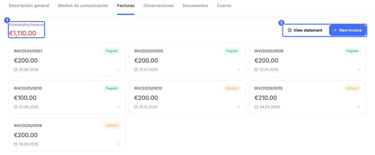 (1) Saldo pendiente, (2) Ver estado de cuenta y Nueva factura