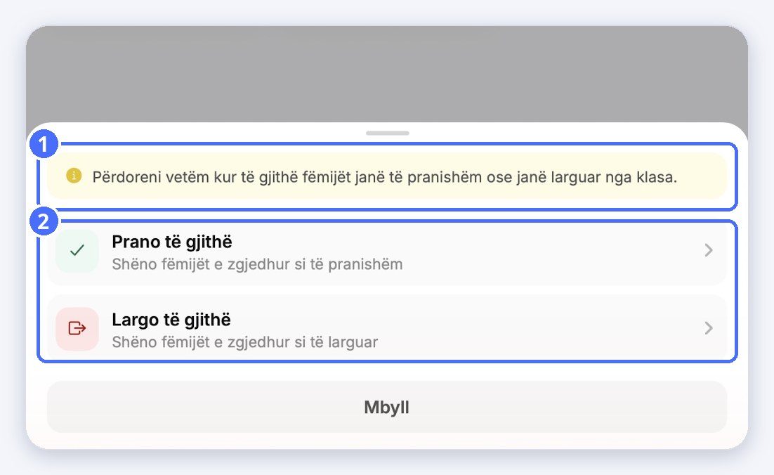 (1) Regjistro hyrjen për të gjithë, (2) Regjistro daljen për të gjithë