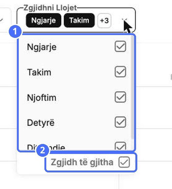 (1) Llojet e elementeve, (2) Zgjidh të gjitha